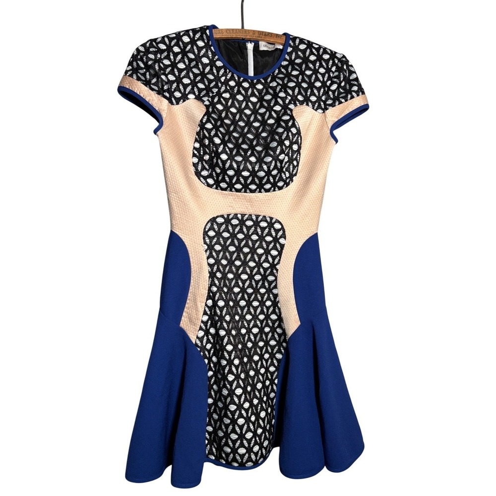 Alice McCall Blue Peach Black Mesh Colorblock Flared Mini Dress Sz 2 USA 6 AUS